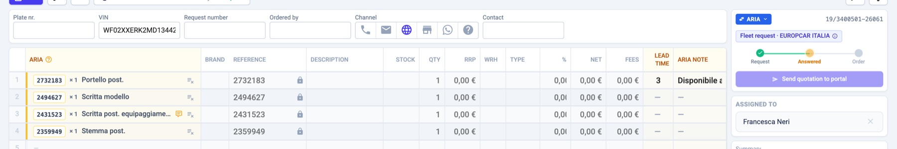 An ARIA quote: Lead time and ARIA note columns, and the ARIA panel with the steps and the send button.