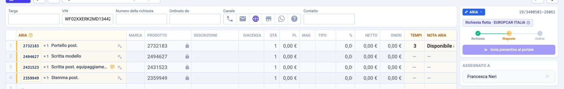 Un preventivo ARIA: colonne Tempi e Nota ARIA, e il pannello ARIA con i passi e il pulsante di invio.