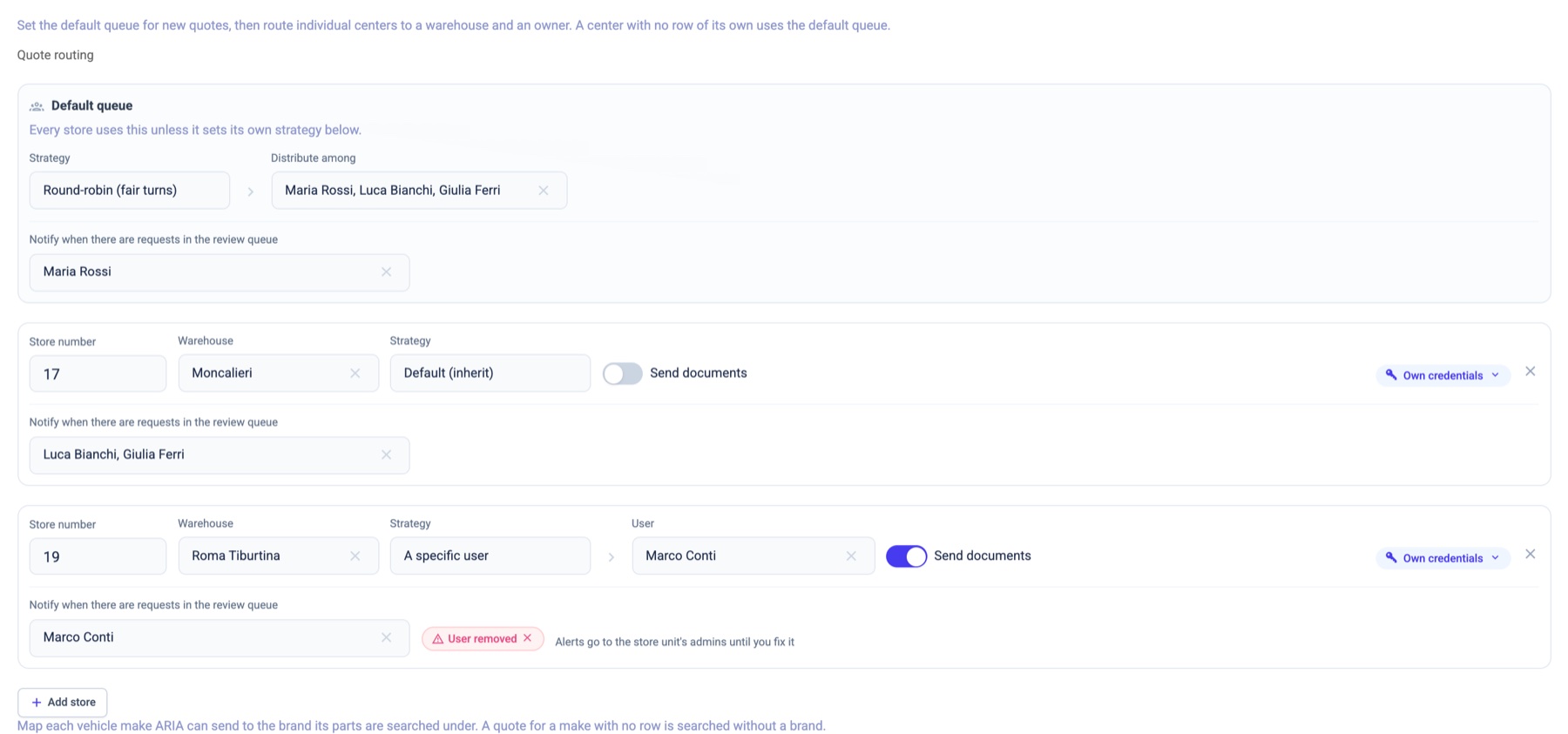 Default queue and two stores: 17 inherits the queue, 19 goes to one user, sends documents and has a removed user on its Notify list.